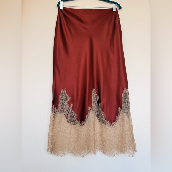 Zara Dresses & Skirts - Zara Burgundy and Beige Lace Midi Skirt